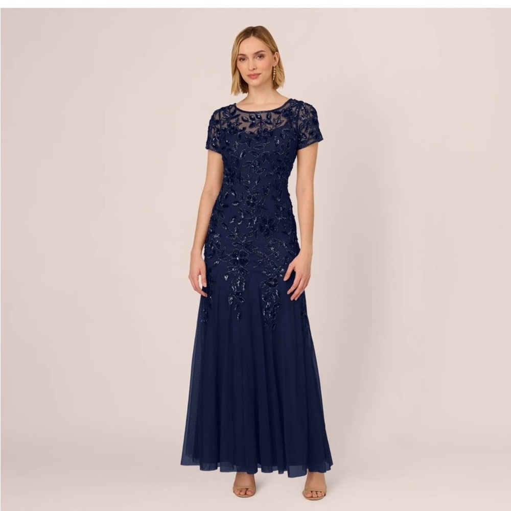 Adrianna Papell Navy Beaded Tulle Gown SZ 14 NWT Formal Evening Dress GALA MOB - Picture 2 of 13